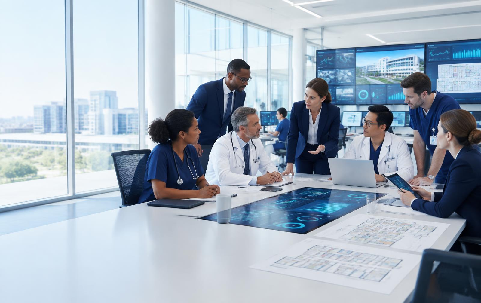 Hospital leadership and clinical teams planning medical facility transformation